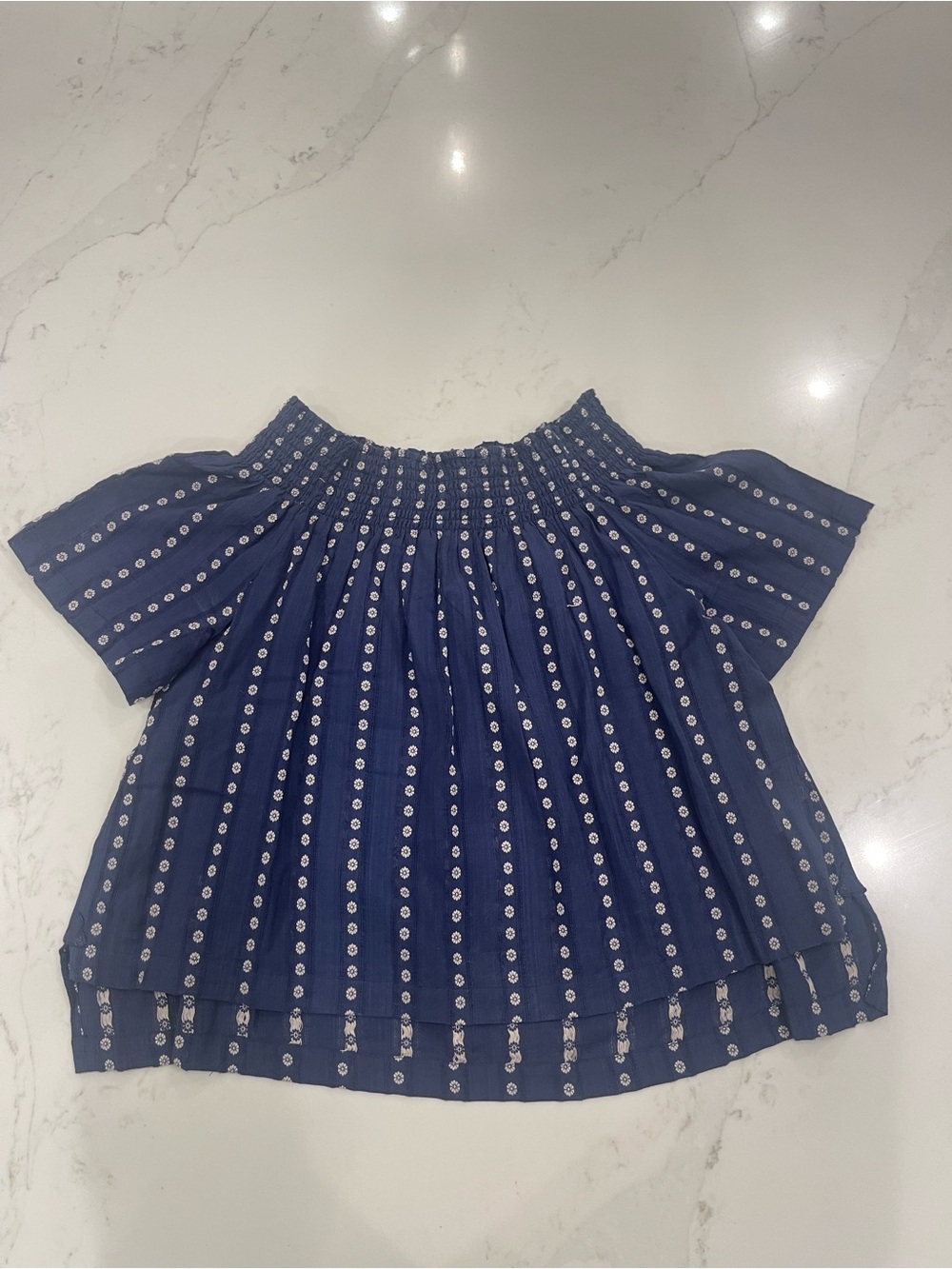 Anthropologie Blue Patterned Off-Shoulder Smocked Women's Top